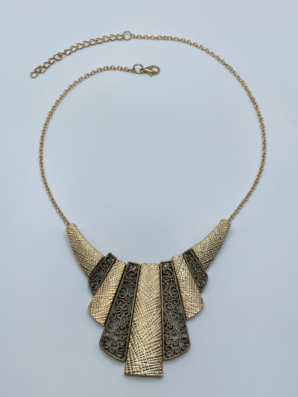 Antique Gold Tone Black Filigree Statement Bib Necklace Art Deco Bold
